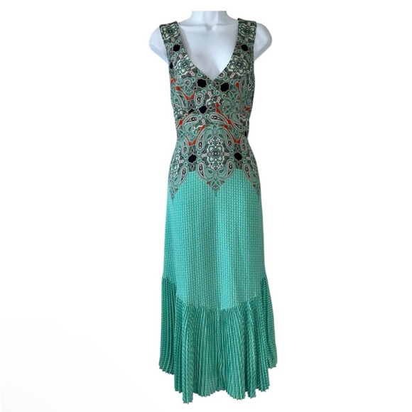 Anthropologie Maeve Mint Green Paisley V-Neck Sleeveless Pleated Dress- Size 10 - Picture 1 of 8